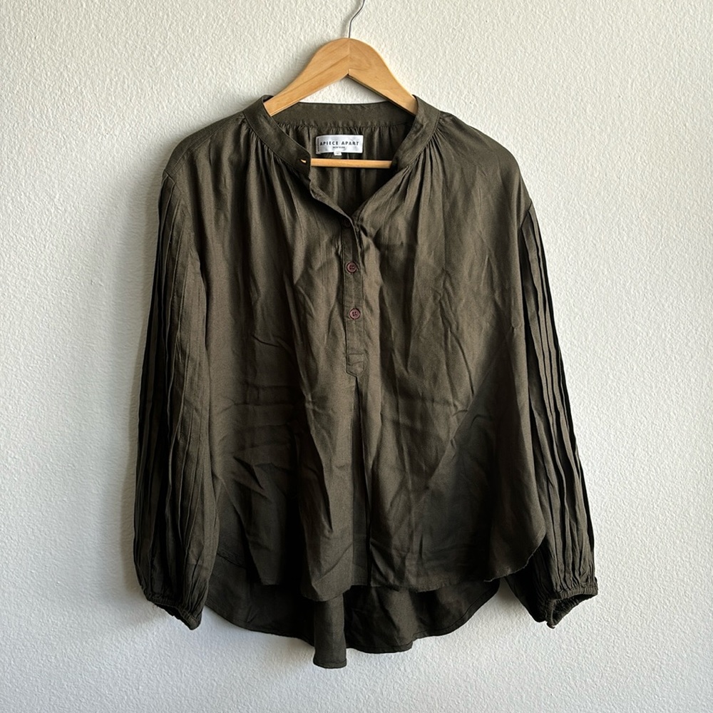 Apiece Apart Forest Green Pleated Puff Sleeve Button Blouse Size 6